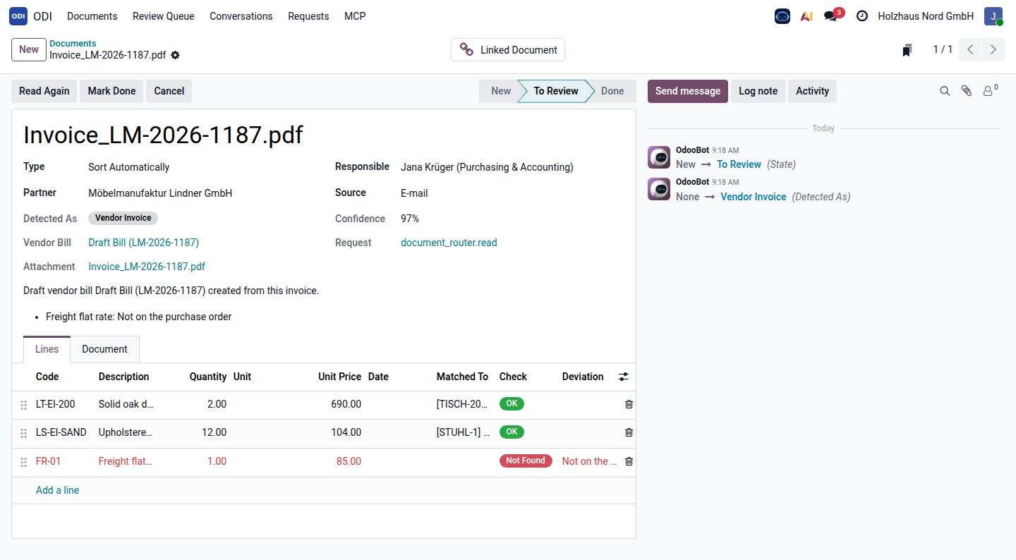 An invoice recognised by ODI and matched to the purchase order lines